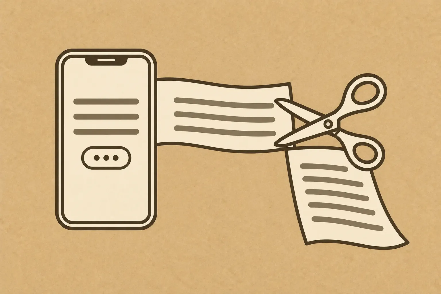 Illustration: Auf einem Smartphone stehen drei Textzeilen und ein Knopf mit drei Punkten, daneben läuft ein langer Papierstreifen voller Text heraus, den eine Schere nach der dritten Zeile abschneidet.