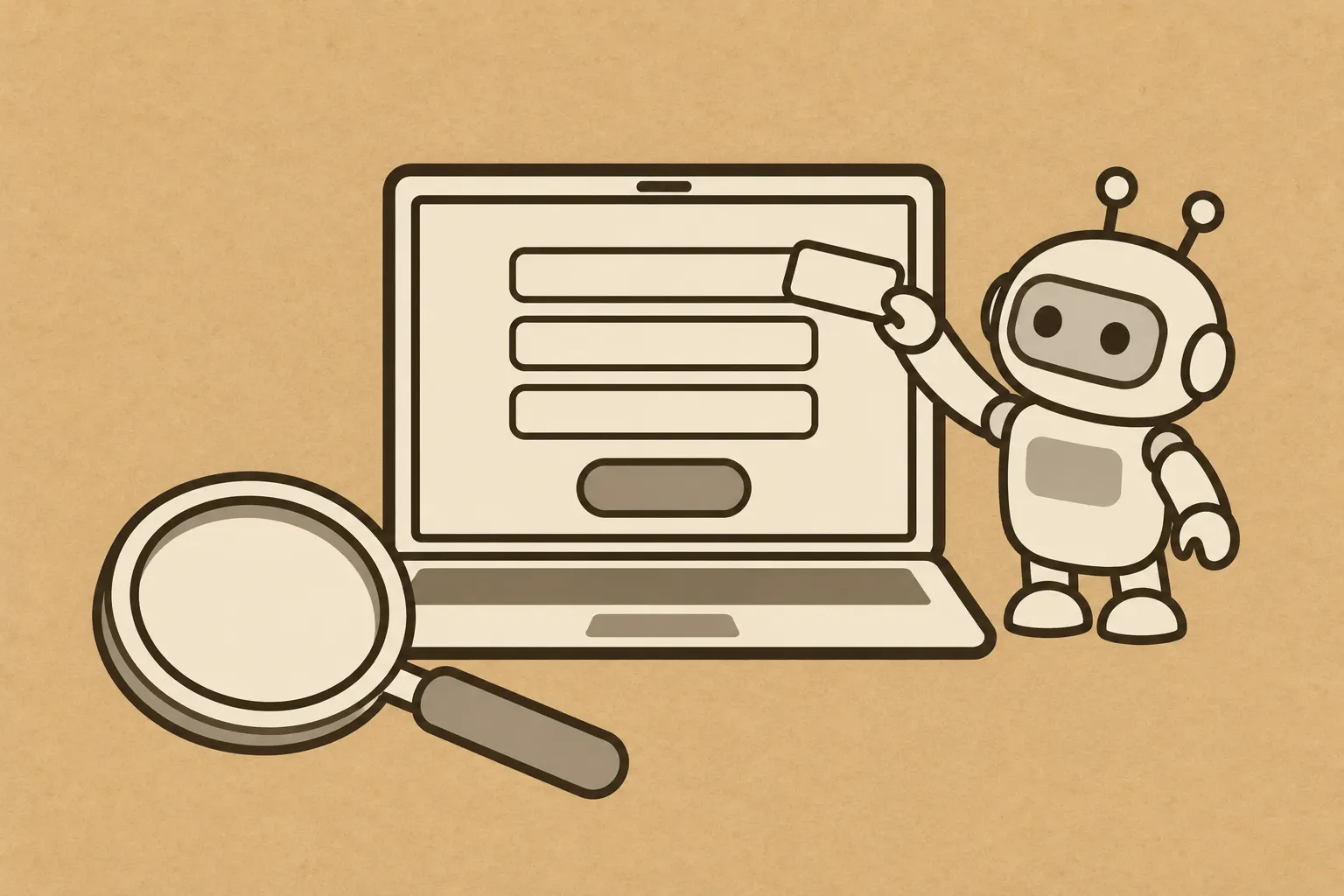 Illustration: Auf einem aufgeklappten Laptop ist ein Formular mit drei Feldern und einem Knopf zu sehen. Ein kleiner Roboter setzt gerade einen Baustein ein, davor liegt eine große Lupe.
