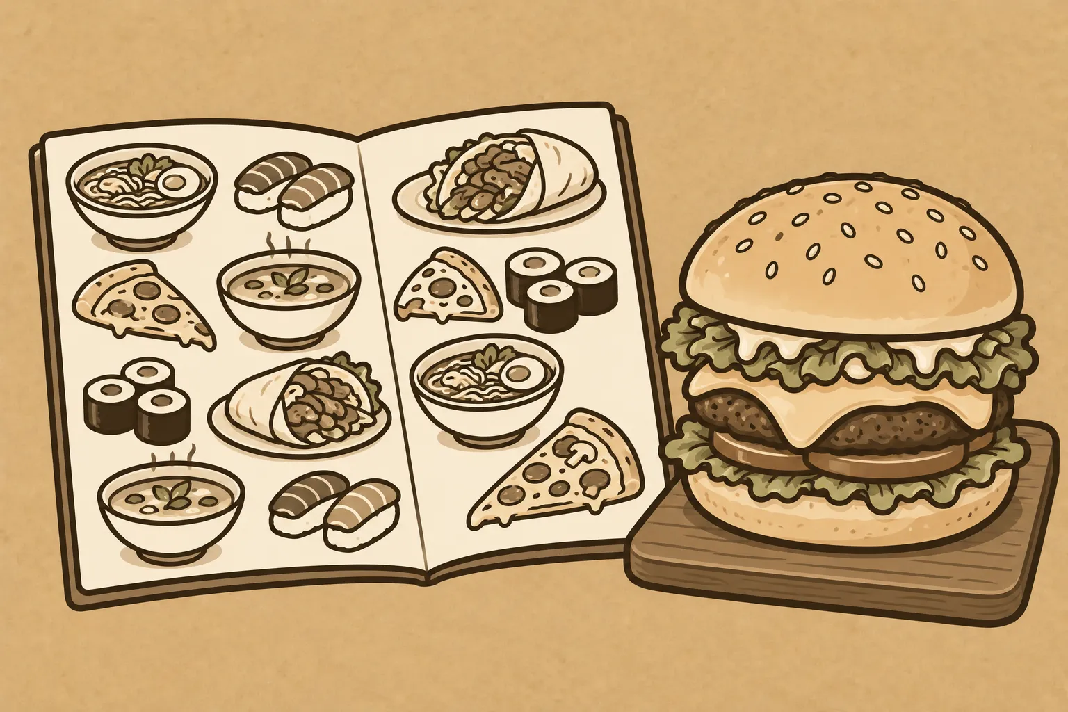 „Wir machen alles“: Warum das auf deiner Website Aufträge kostet Illustration: Eine aufgeklappte Speisekarte voller kleiner Gerichte aus vielen Küchen, von Sushi über Pizza bis Suppe. Daneben steht auf einem Holzbrett ein einzelner großer Burger.