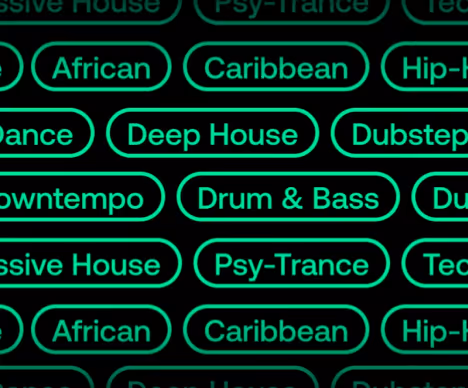 A black screen filled with music genre labels such as “Deep House,” “Drum & Bass,” “Dubstep,” “Caribbean,” and “Psy-Trance,” all outlined in glowing green.