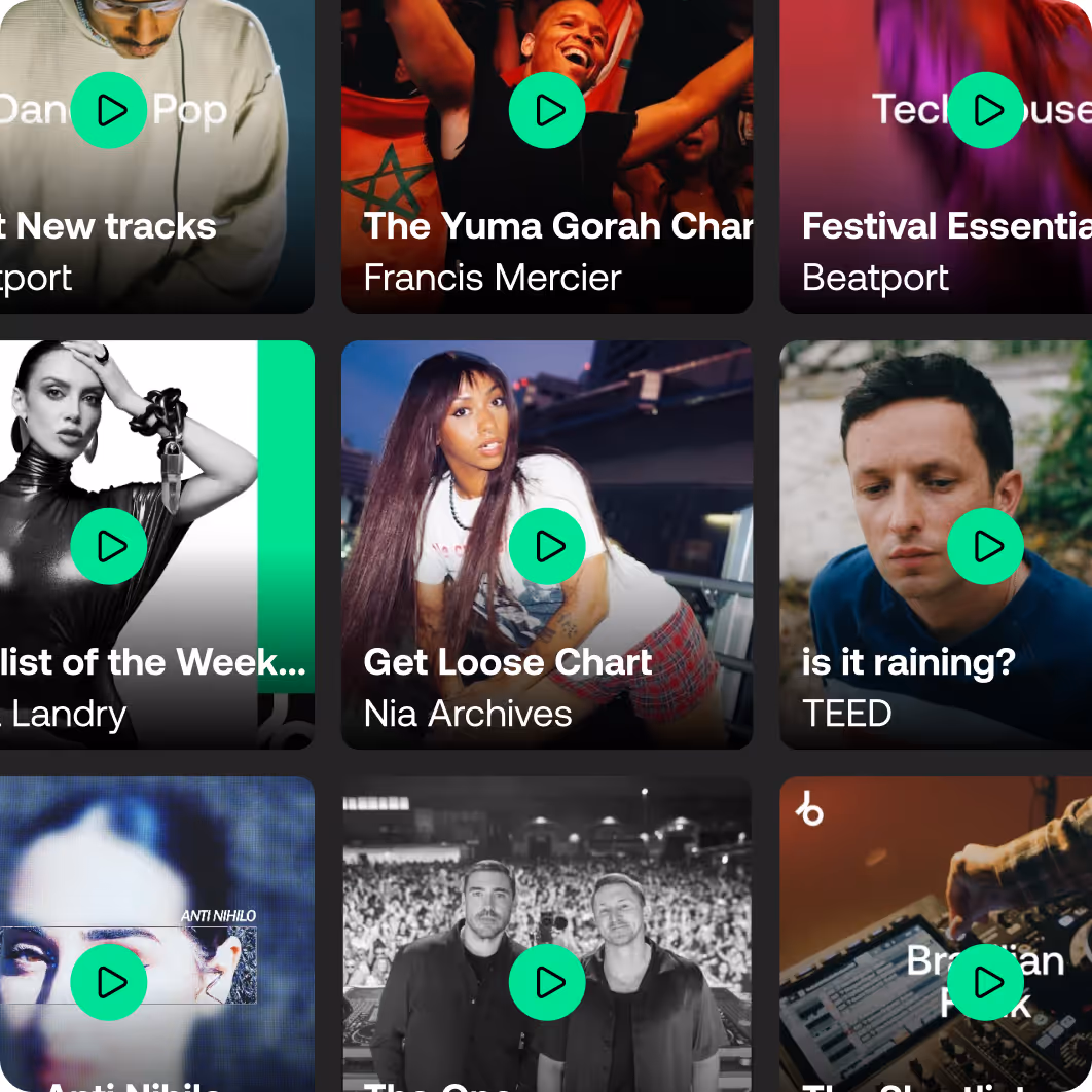 A grid of curated music playlists with vibrant cover art and green play buttons. Playlists include titles like "The Yuma Gorah Chart" by Francis Mercier and "Get Loose Chart" by Nia Archives.