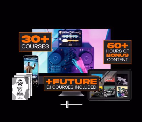 DJ controller, phone, tablet, and book images promoting 30+ DJ courses and 50+ bonus content hours.