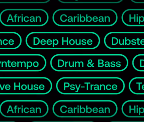 Green neon labels on black showing music genres like Deep House, Drum & Bass, and Psy-Trance.