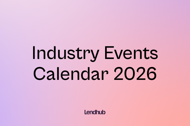 Industry Events Calendar 2026 title card with Lendhub branding on a pink and purple gradient background.