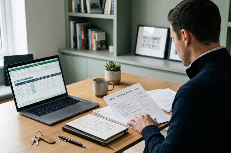 Over-the-shoulder view of a property investor reviewing compliance documents at a modern wooden desk. The clean, well-lit workspace features a laptop displaying a spreadsheet, a notebook with floor plan sketches, house keys, and a coffee mug, set in a tidy home office with green built-in bookshelves.