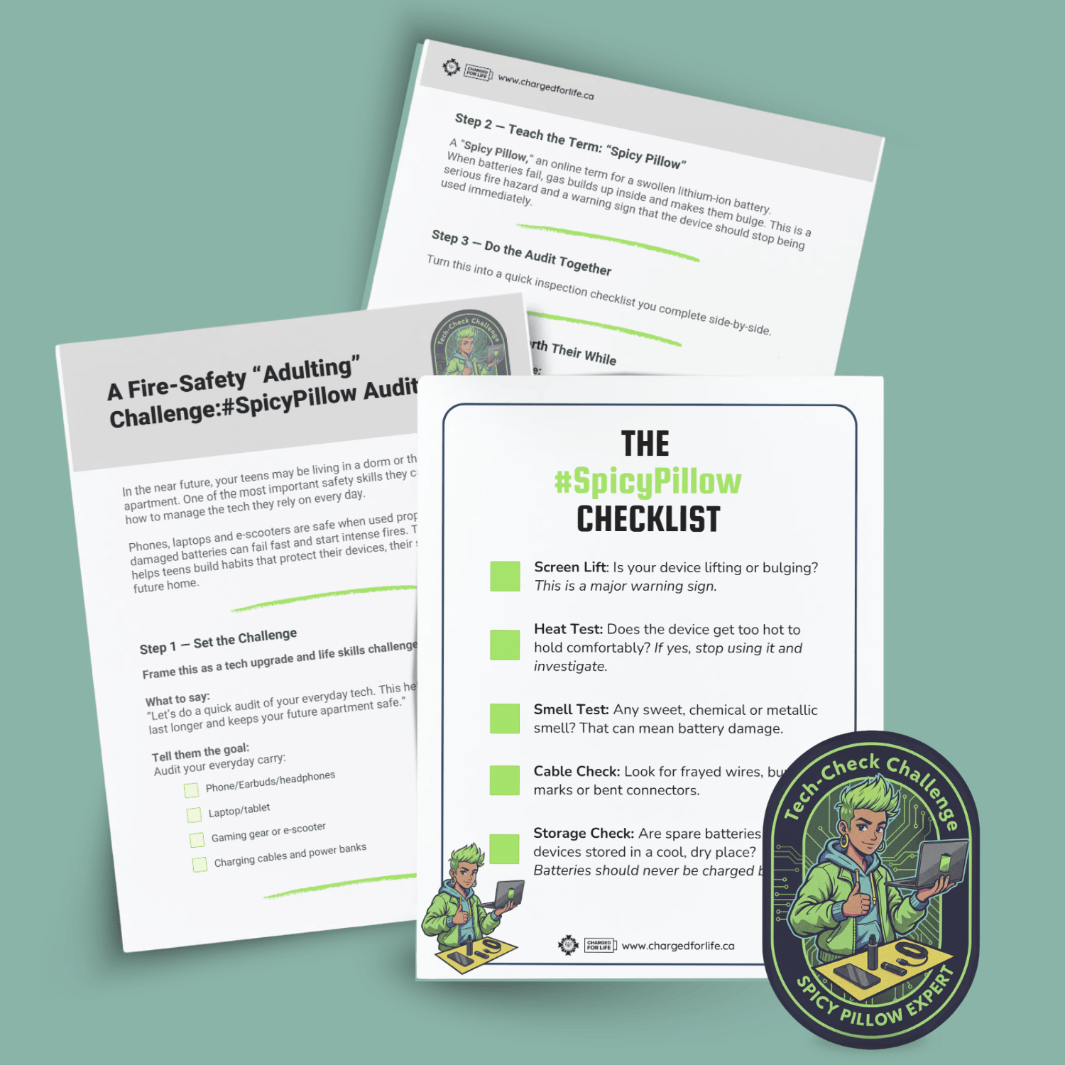 A set of activity sheets for a lithium-ion battery fire-safety adulting challenge for teens called the #SpicyPillow Audit, including instructions for conducting an audit and a checklist with tasks such as inspecting lithium-ion powered devices for issues and handling batteries safely.