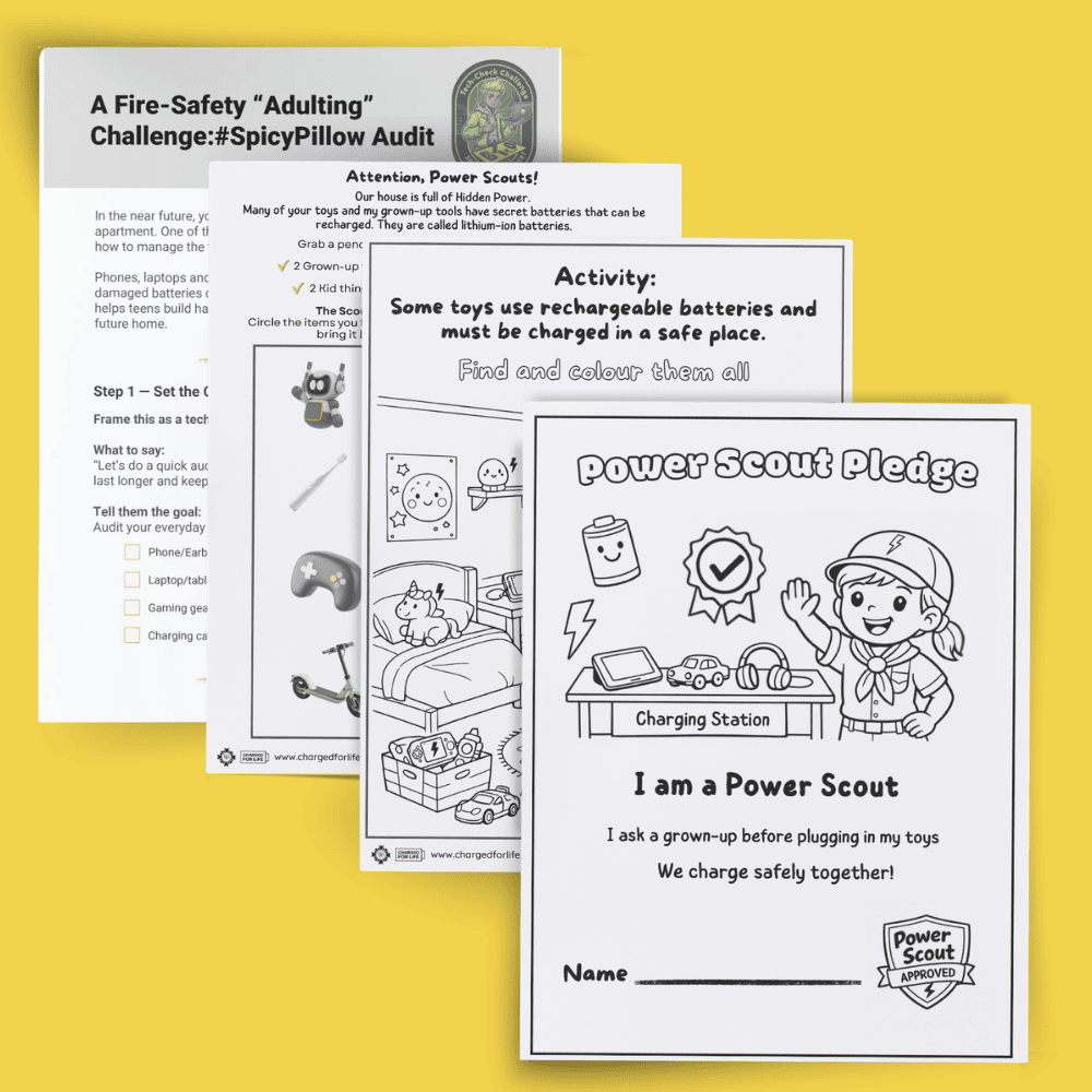 A set of activity sheets for kids titled "Kid's Activity: The 'Power Scout' Adventure." It includes instructions for a scavenger hunt, a colouring activity about rechargeable batteries, and a pledge form for kids to complete as Power Scouts. The sheets feature playful illustrations and designs that help kids learn that some toys and electronics have rechargeable batteries, must be charged in a safe place, and should be plugged in only with adult help.