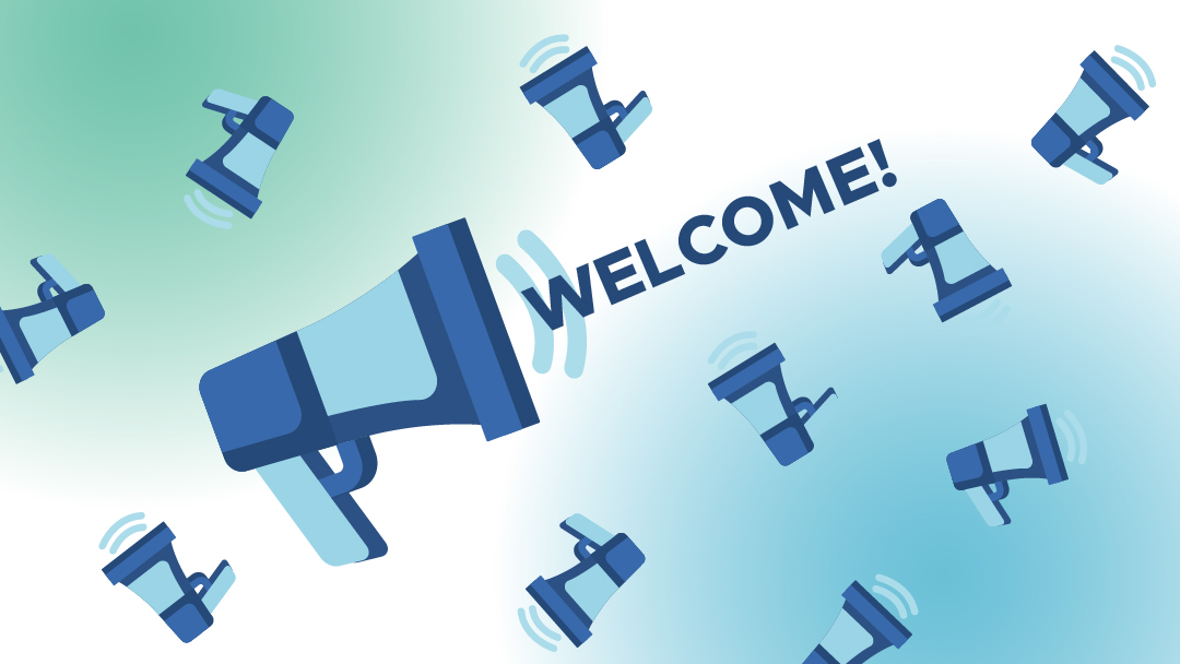 A blue and green illustration of a bunch of megaphones with the word "Welcome" in the middle