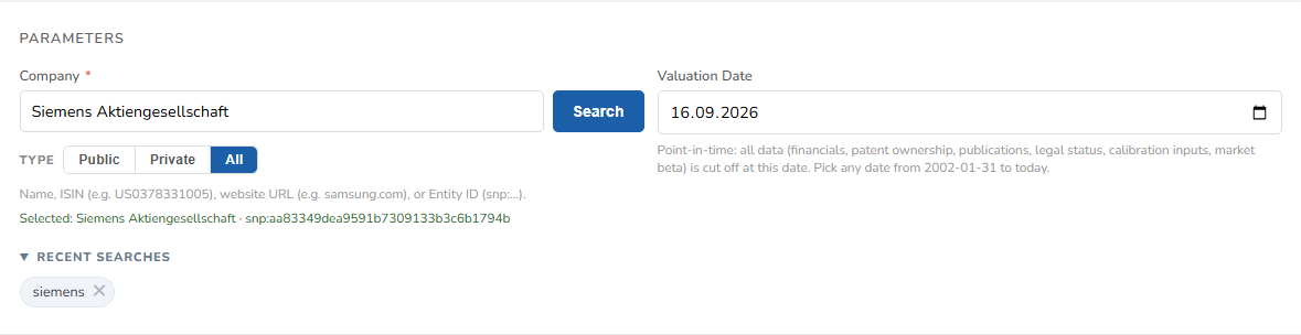 Kairos parameters panel with Siemens Aktiengesellschaft selected and a valuation date of 16 September 2026, showing the point-in-time data cut-off