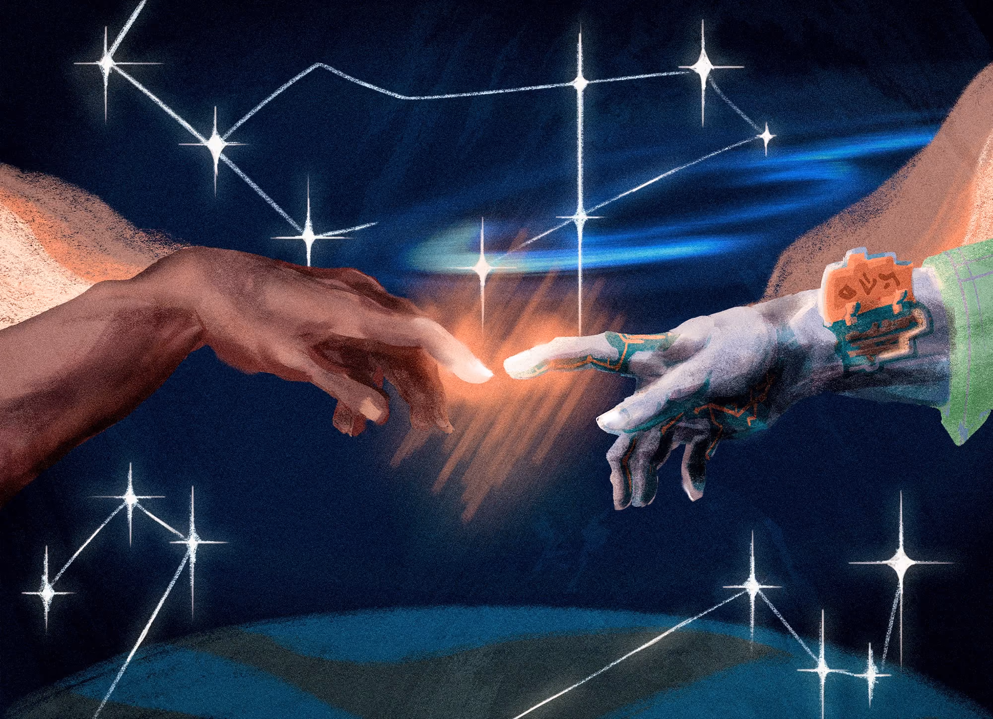 A riff off of the Creation of Adam, with God's hand being a metal robot's hand.