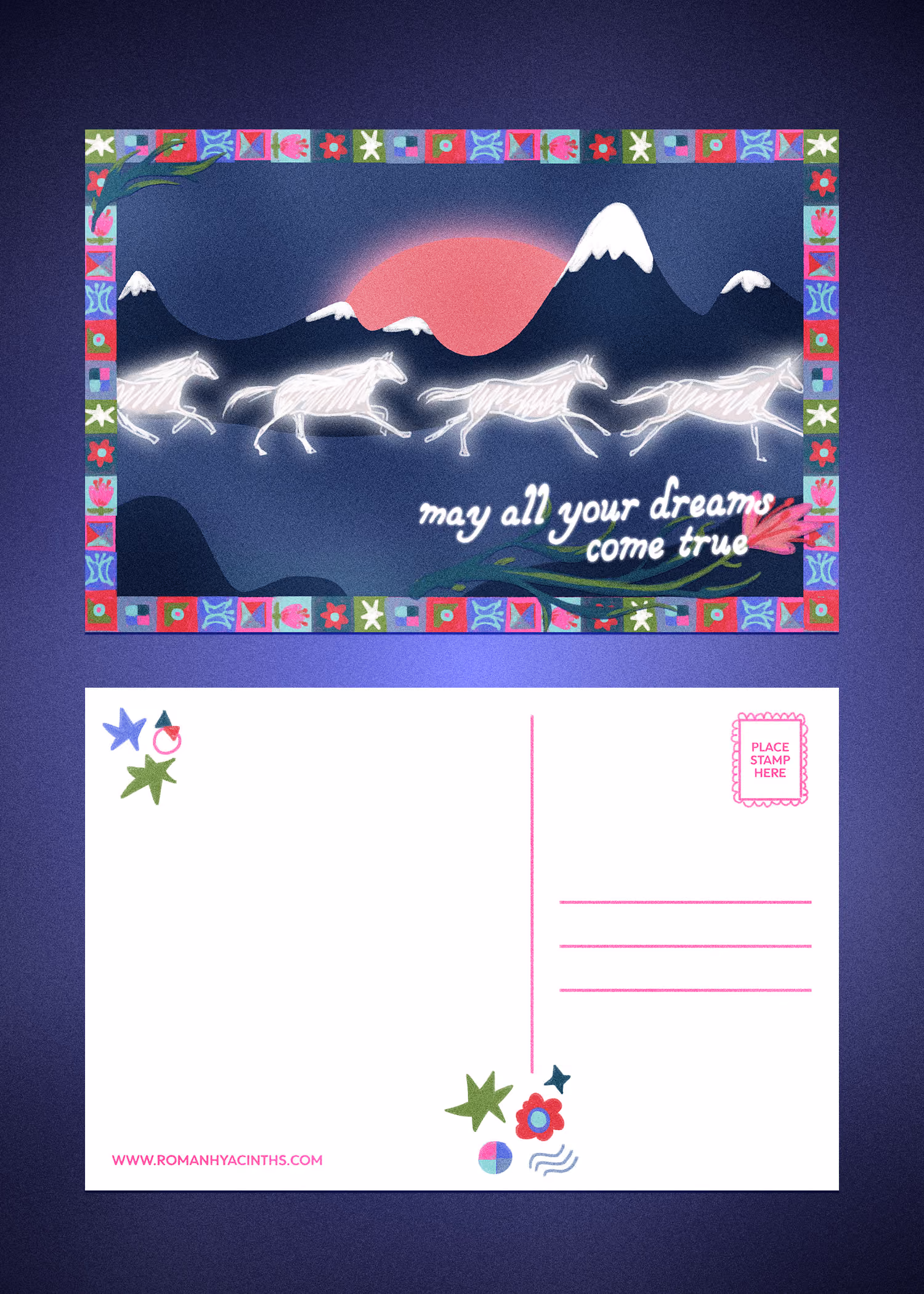 A postcard front and back featuring an illustration of running horses