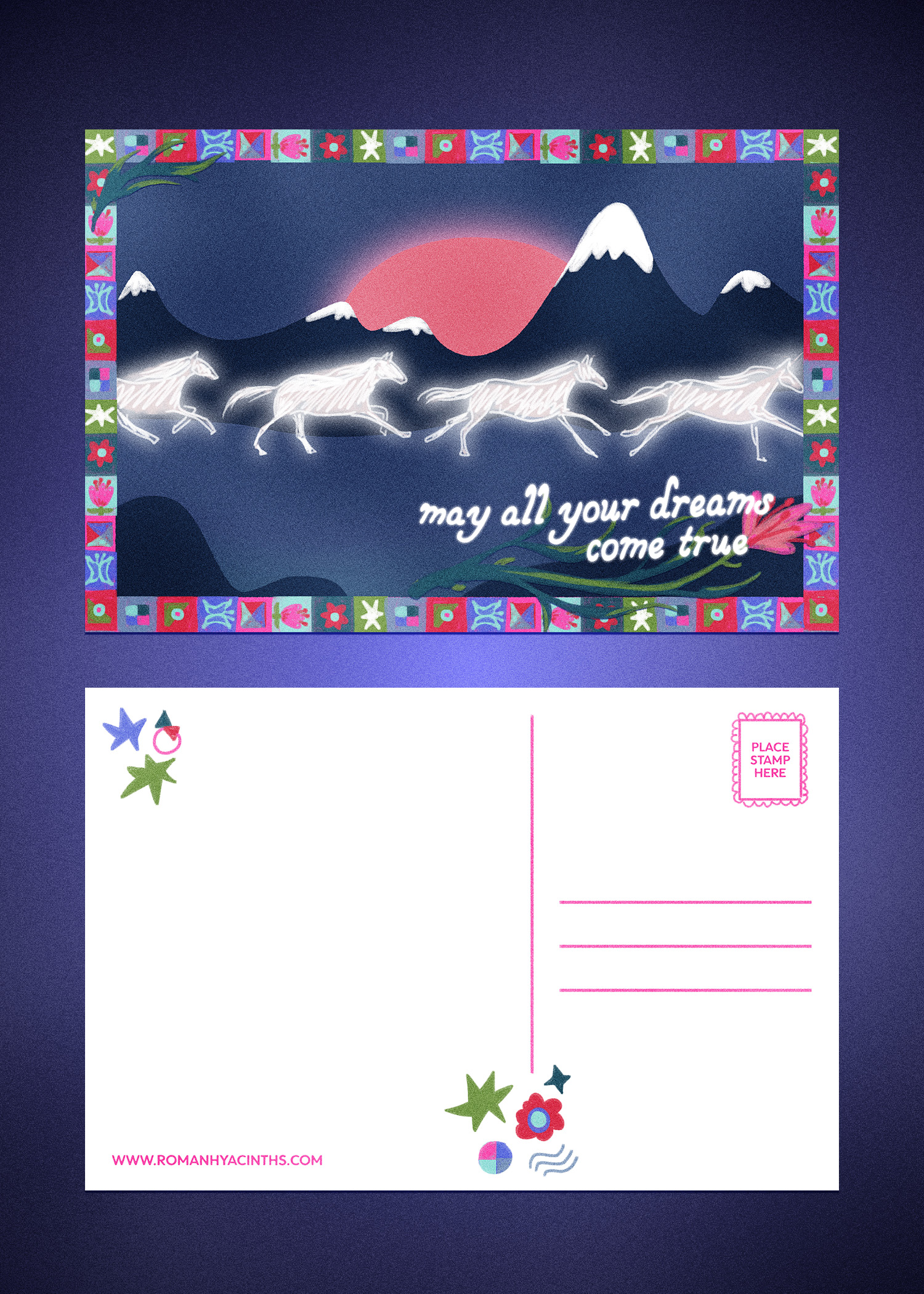 A postcard front and back featuring an illustration of running horses