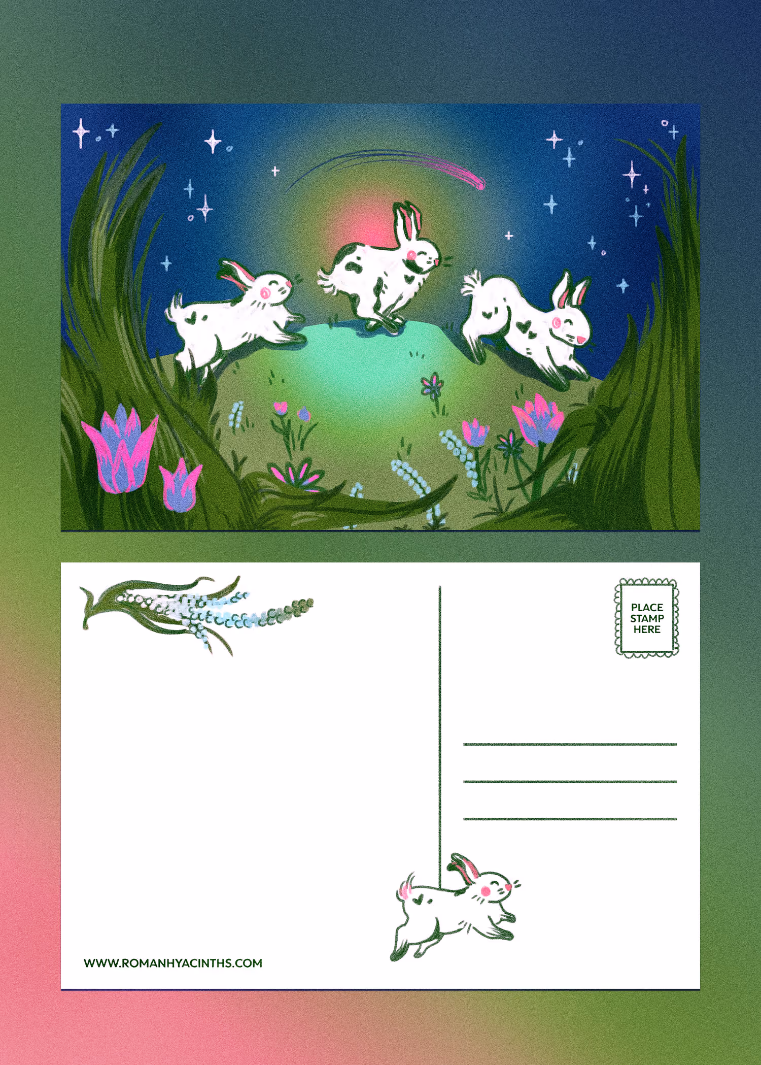 A postcard of bunnies jumping over a moonlit meadow