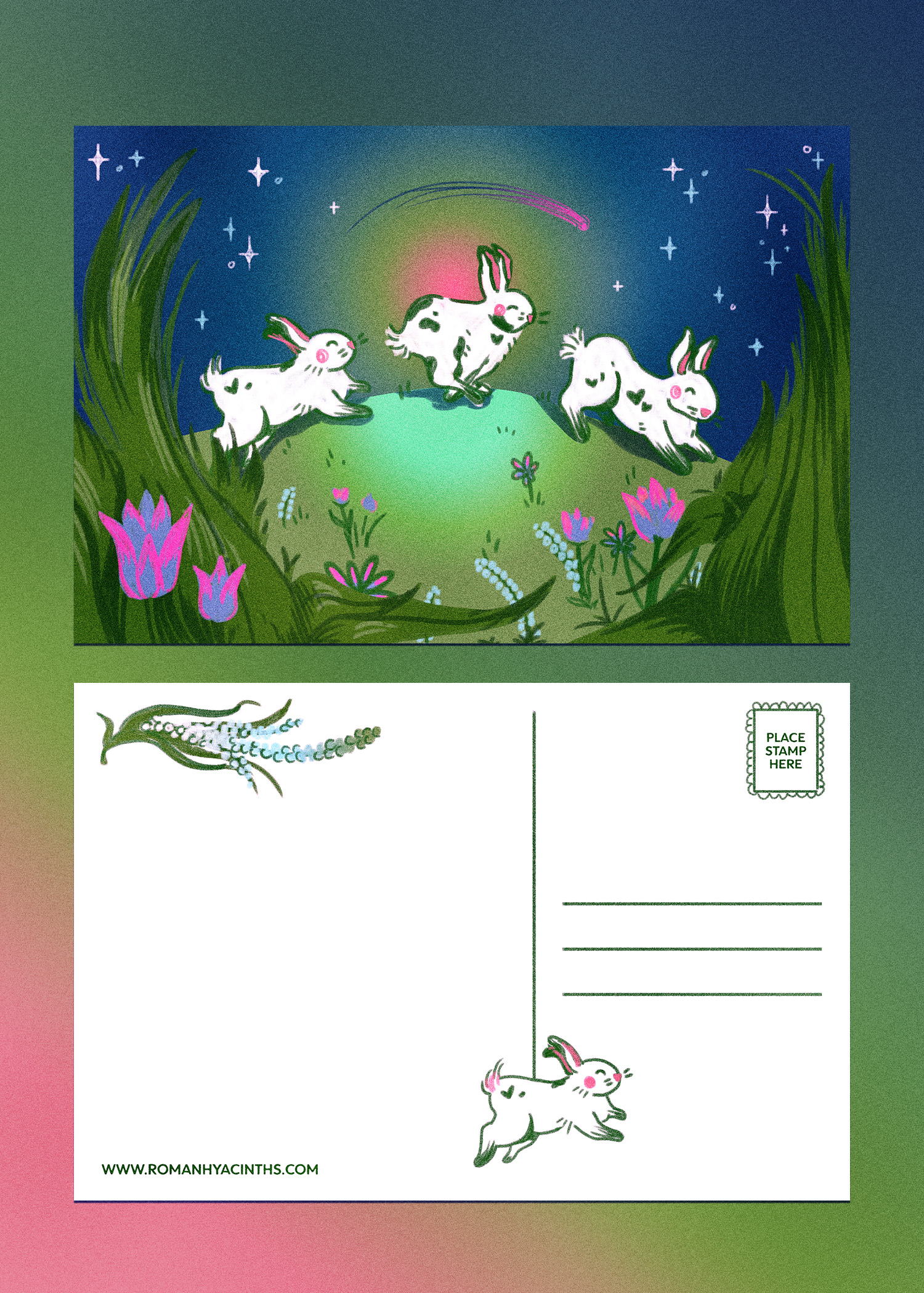 A postcard of bunnies jumping over a moonlit meadow