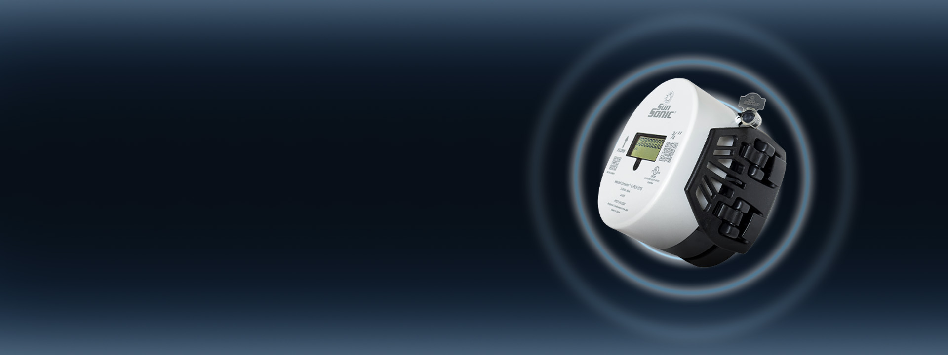 The Umeter Clamp on a black and blue background with a few detection waves coming from it.