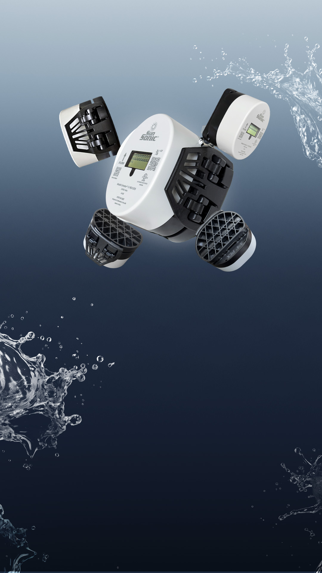 Five Umeter Clamps floating on a blue background surrounded by splashes of water.