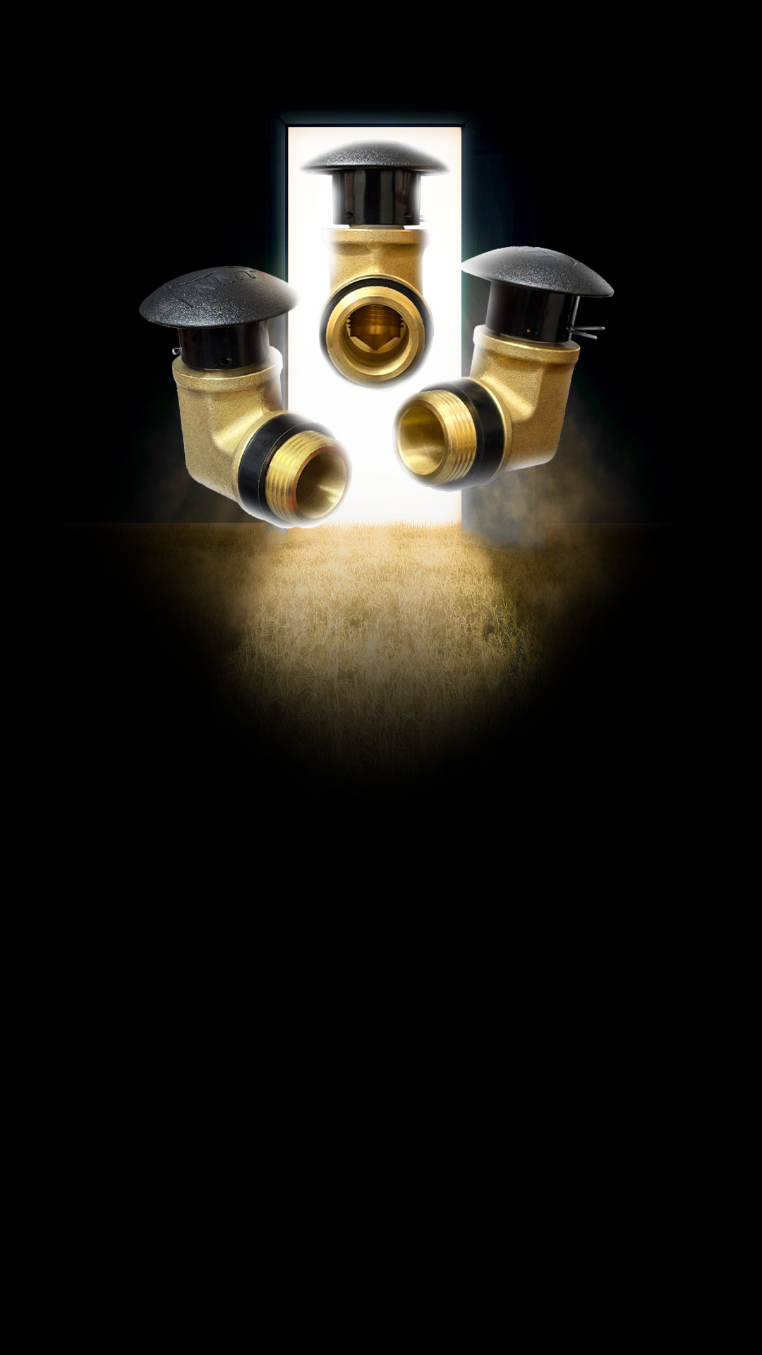 Three vent limiter assemblies on a dark background, in front of an open door.