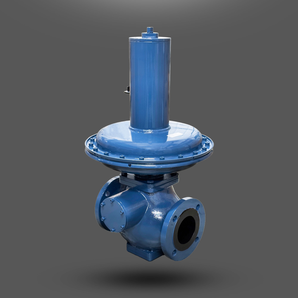 The NGRB gas regulator at a 45-degree angle, highlighting the regulators distinctive design and side connection points.