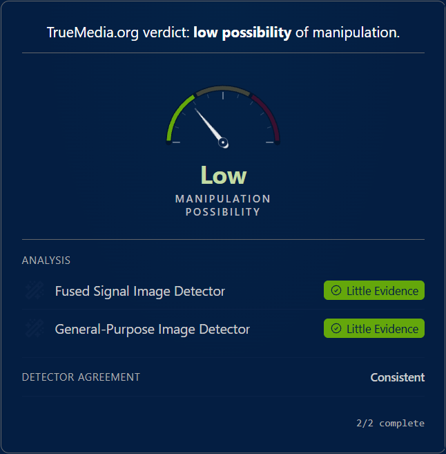 Screenshot of an example authenticity verdict, showing low possibility of manipulation from two analyses.