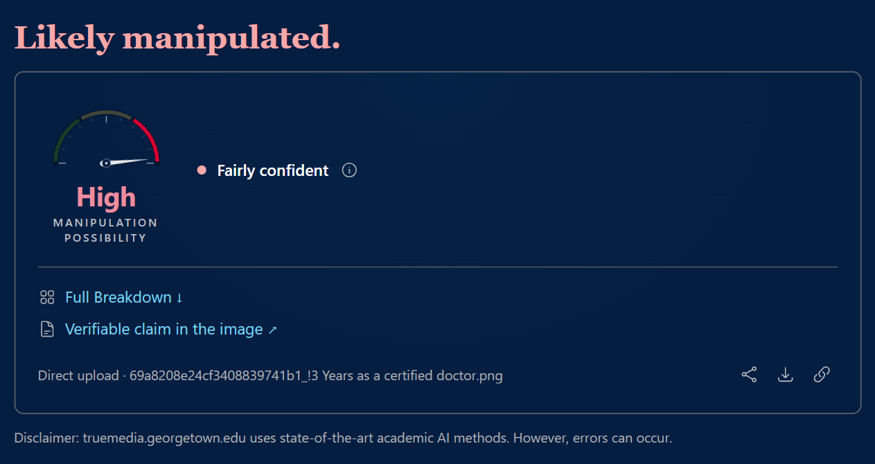 Screenshot of an example authenticity verdict, showing low possibility of manipulation from two analyses.