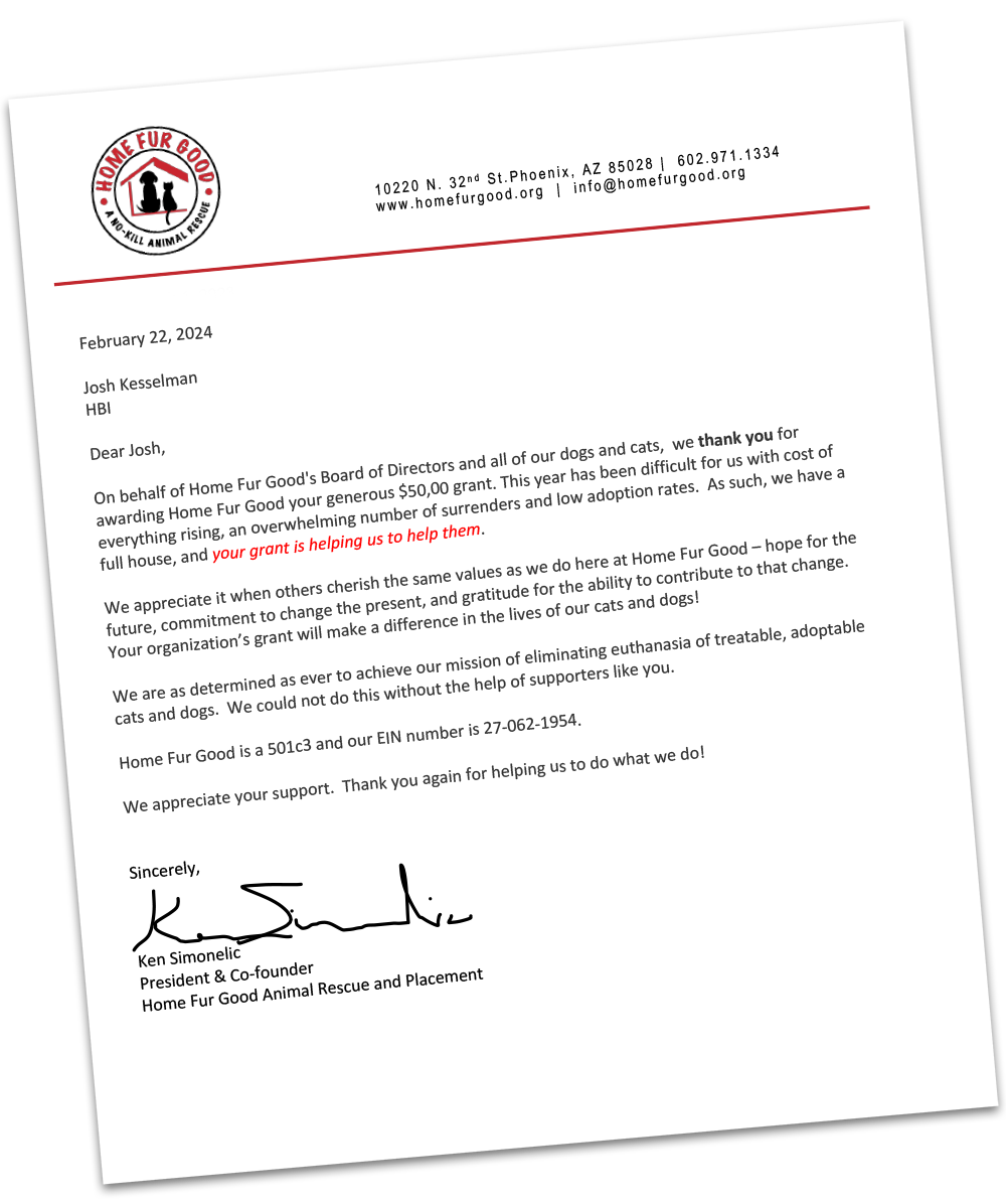 Letter to Josh Kesselman from Home Fur Good No-Kill Animal Rescue