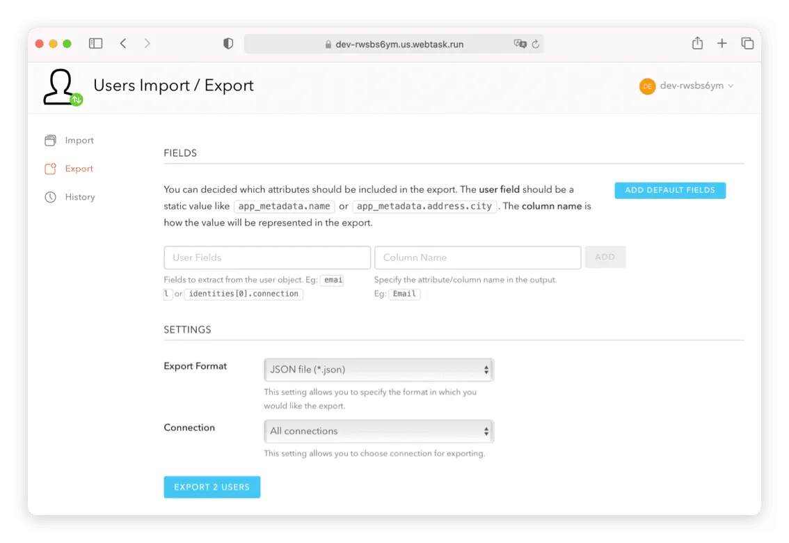 export your user data and import screen