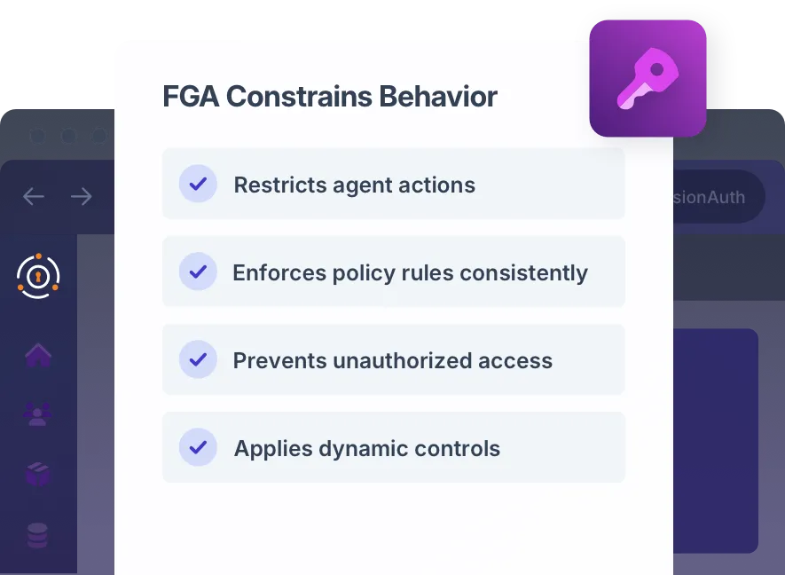 Diagram showing AI agents operating as first-class identities with fine-grained access controls and audit logging