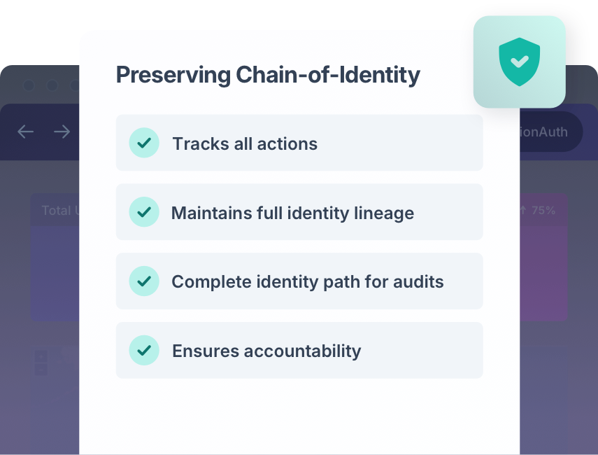 Diagram showing chain-of-identity audit logs capturing user and agent activity with ephemeral agent keys