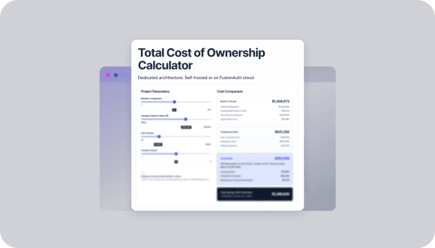 TCO Calculator interface comparing self-hosted authentication costs against FusionAuth cloud pricing.