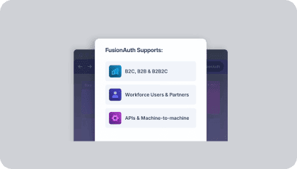 Card listing FusionAuth's supported use cases: B2C/B2B/B2B2C, workforce users and partners, and APIs and machine-to-machine.