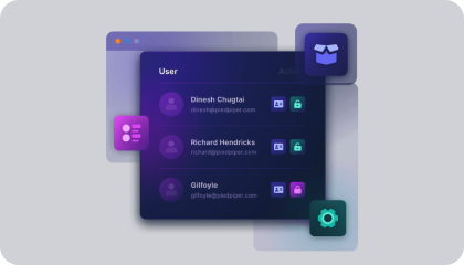 FusionAuth's user management dashboard listing accounts with names, emails, and access controls.