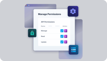 FusionAuth's Manage Permissions panel showing API permissions (Manage, Read, Update) with edit and delete actions.
