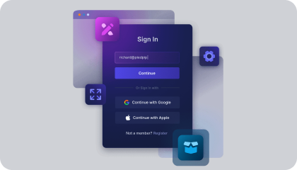 FusionAuth's sign-in screen with email field, Continue button, and social login options for Google and Apple.