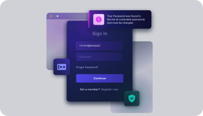 Sign-in screen with a breached-password alert warning that the password was found in a list of vulnerable passwords and must be changed.
