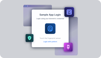 Sample app login screen prompting biometric fingerprint authentication with a pattern login alternative.