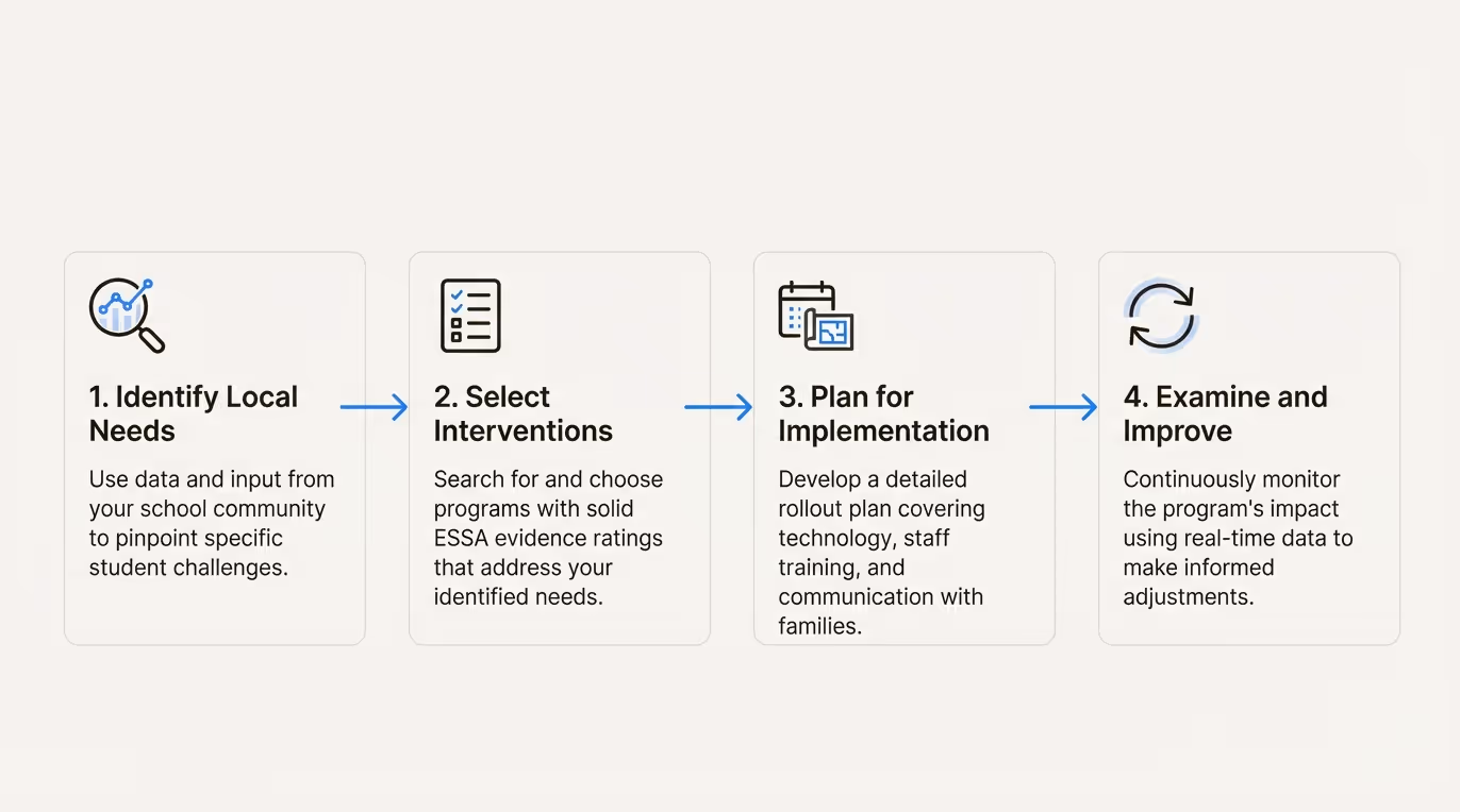 A workflow diagram showing the four steps for applying the ESSA framework: identify needs, select interventions, plan implementation, and examine and improve.
