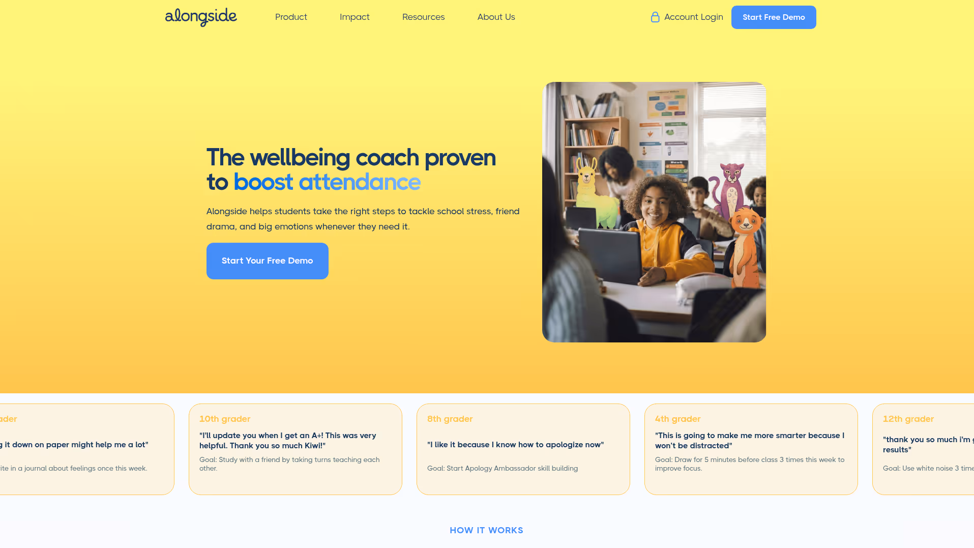 A screenshot of the Alongside landing page, an example of a platform that meets ESSA framework evidence standards for student wellbeing.