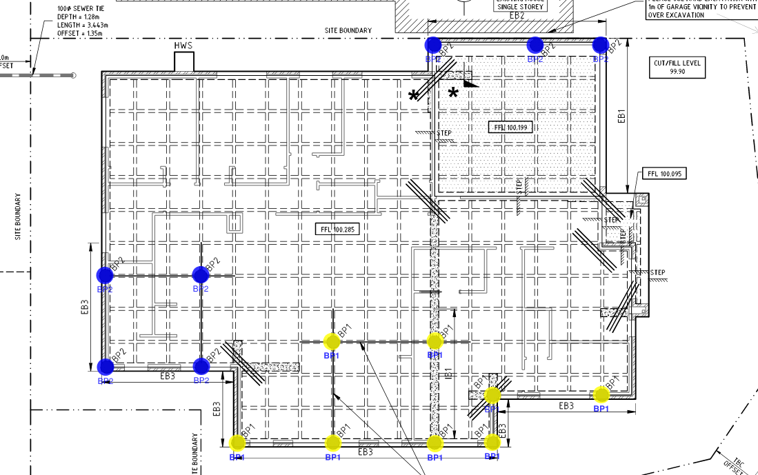 Engineering drawings showing bored pier locations in various colours.