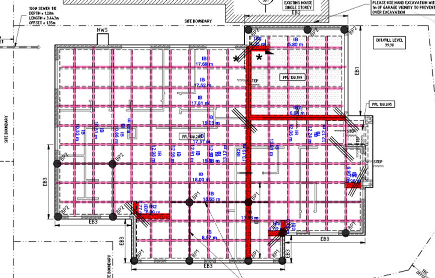 Engineering drawing showing various internal beam types based on colour