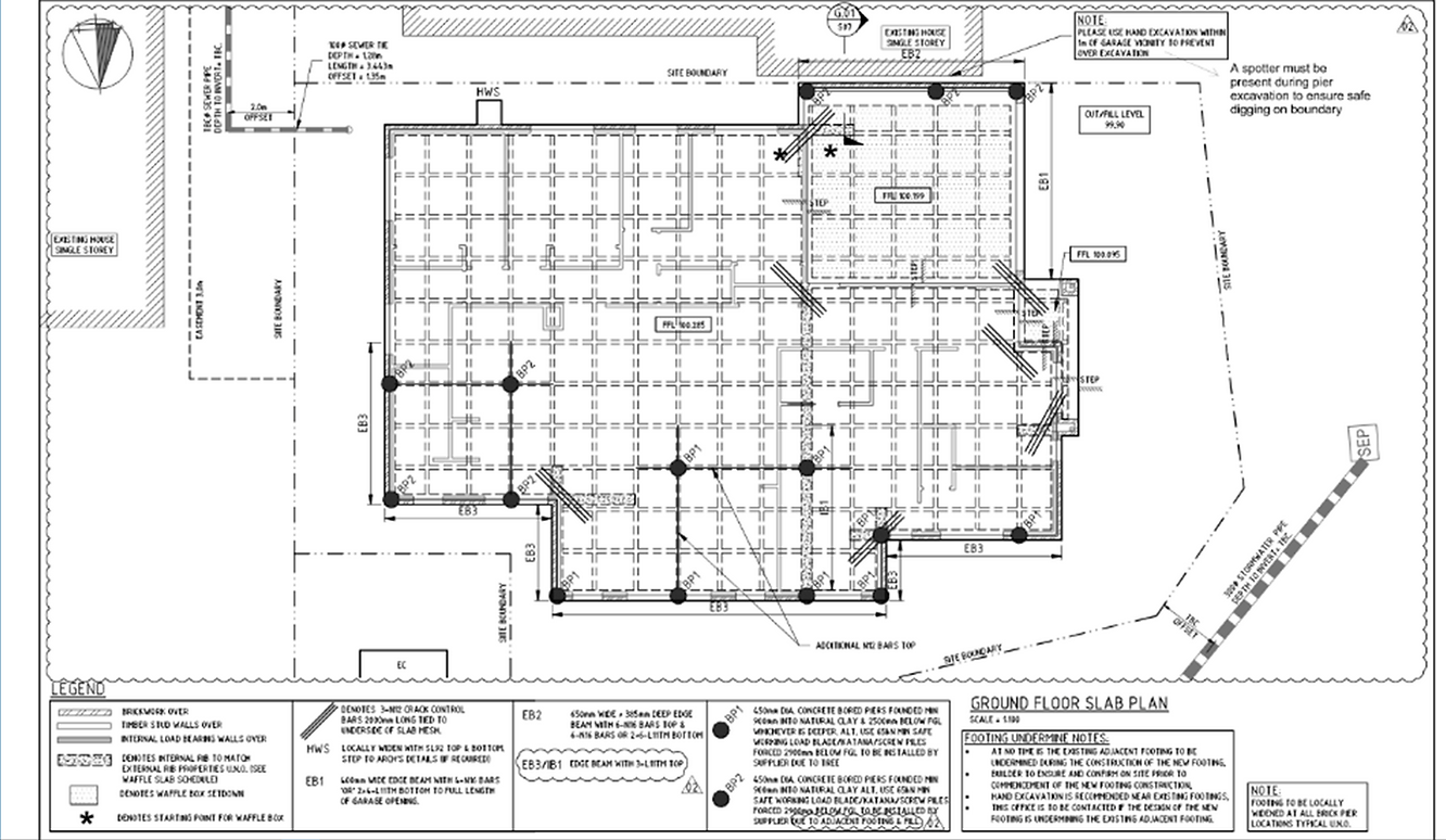 Engineering drawings showing ground floor slab plan.