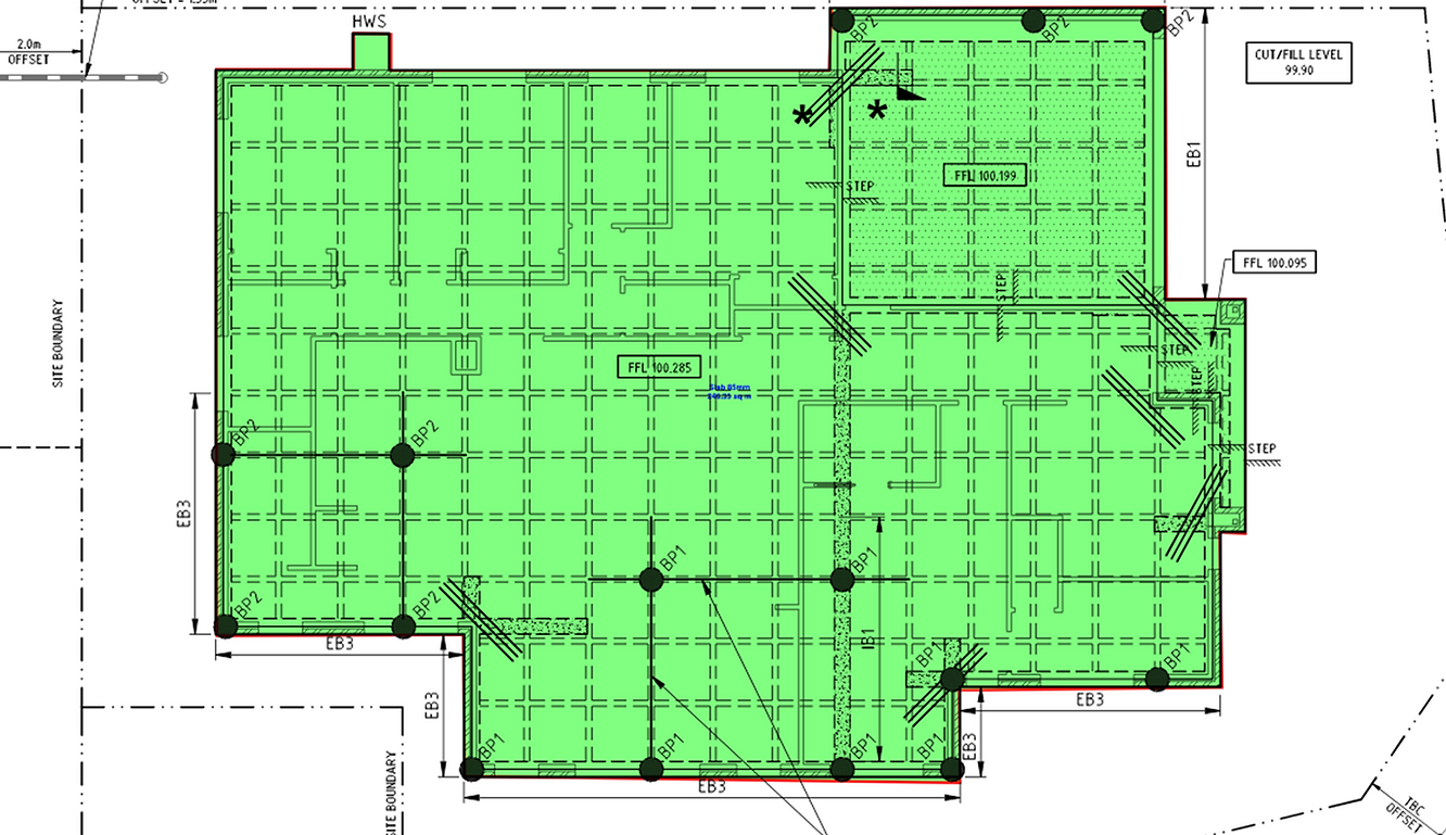 Engineering drawing showing extent of slab (noted in green).