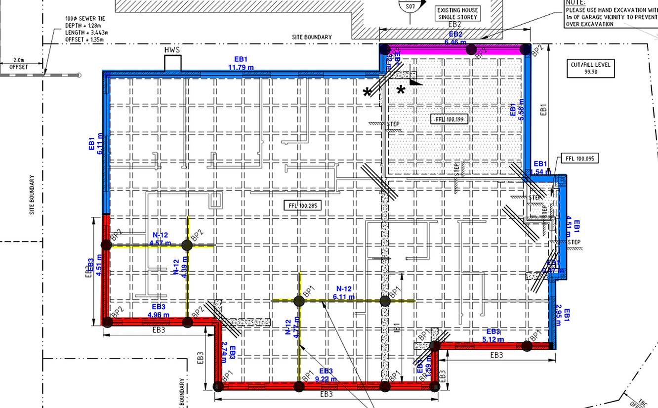 Engineering drawing showing various edge beam based on colour