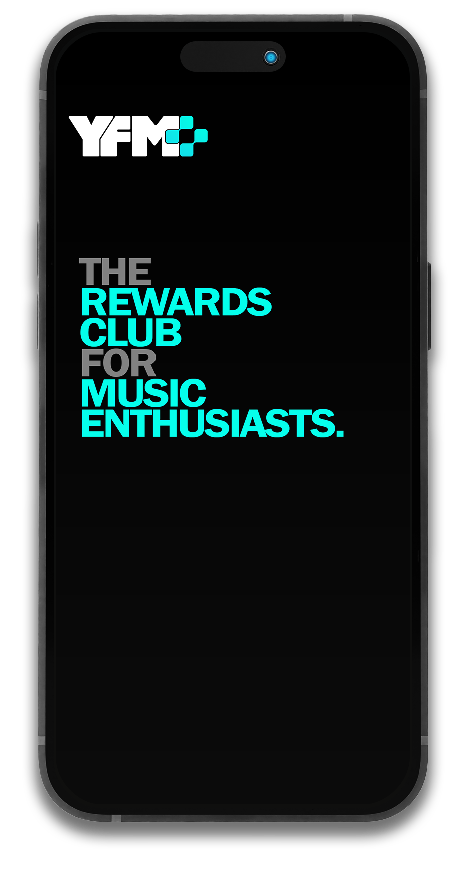 iPhone mockup displaying YFM Plus branding with the text 'The Rewards Club for Music Enthusiasts' on a black background.