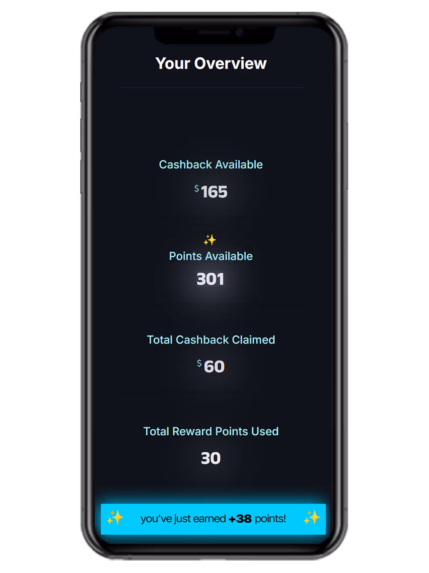 iPhone mockup displaying YFM Plus member points balance and rewards redemption screen on a dark background.