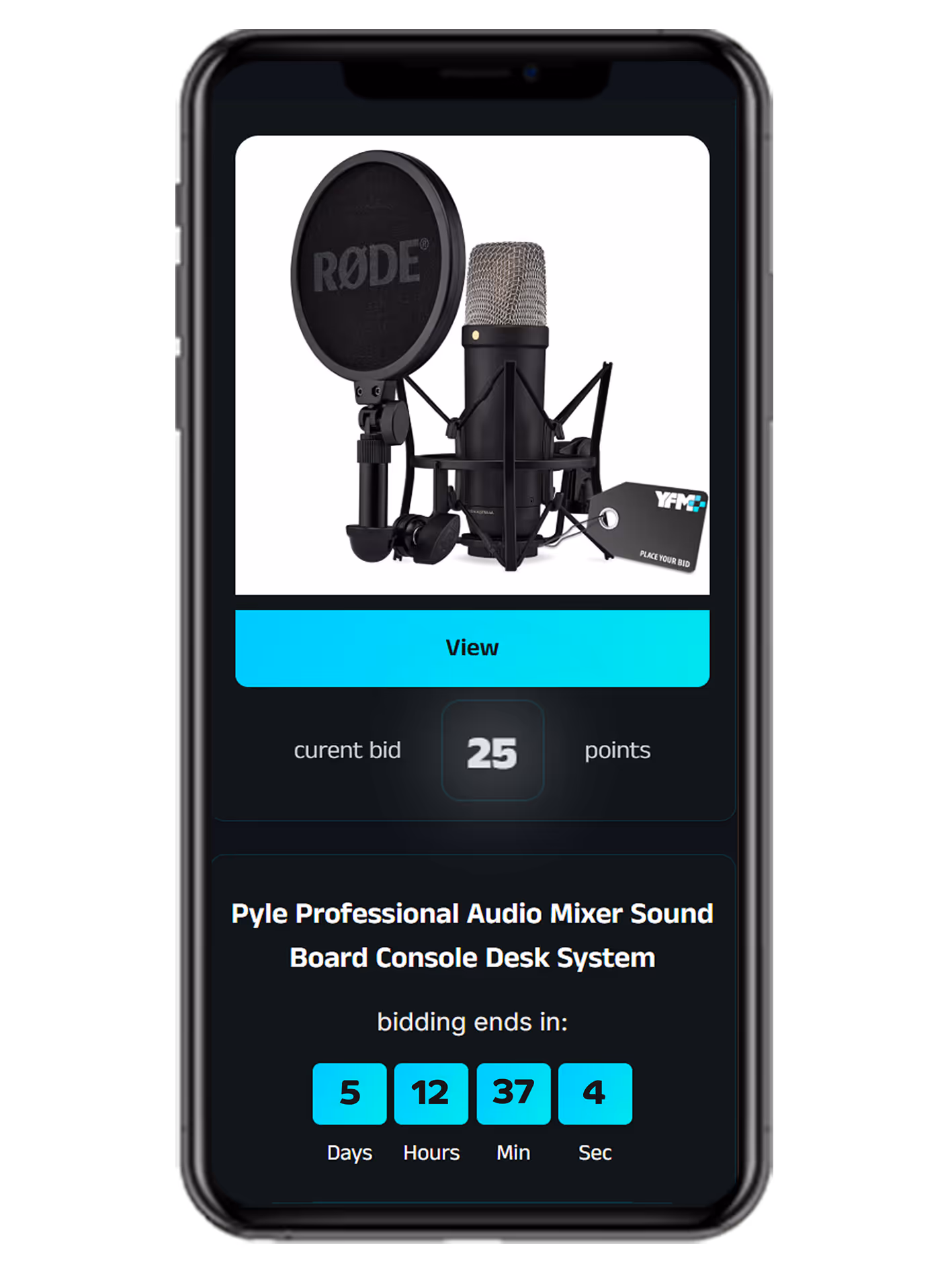 iPhone mockup showing YFM Plus bidding screen for a professional studio microphone set with pop filter.