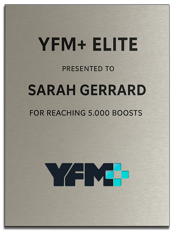 YFM Plus Elite award plaque presented to Sarah Gerrard for outstanding submissions, featuring YFM+ logo.