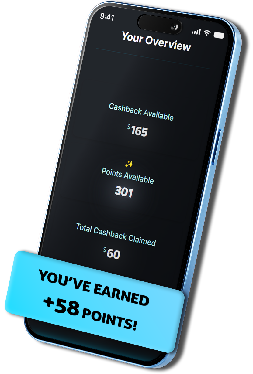 iPhone mockup displaying YFM Plus rewards screen with notification showing '+58 points earned' on a dark interface.
