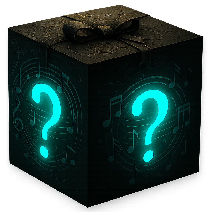 YFM Plus Mystery Music Box prize with glowing turquoise question marks and music note patterns on a black gift box.