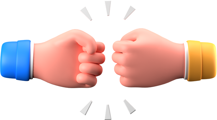 Two cartoon-style hands wearing blue and yellow sleeves giving a fist bump.