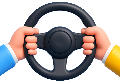 Hands holding a black steering wheel, one hand with a blue sleeve and the other with a yellow sleeve.